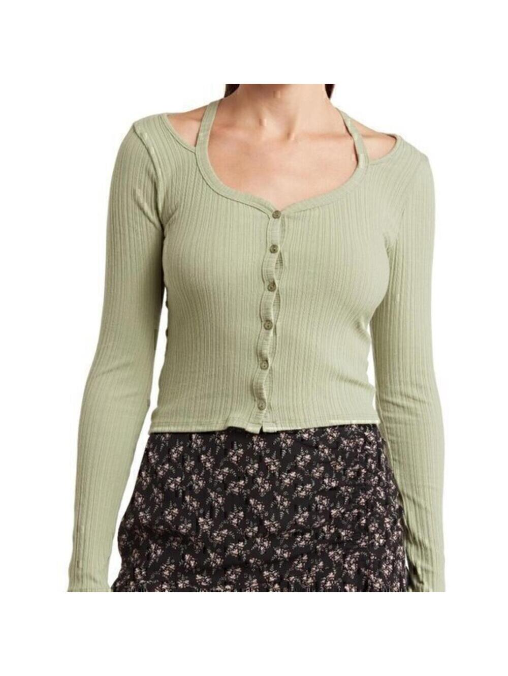 Lush Cotton Long Sleeve Scoop Neck Cotton Button Cut Out Rib Top SAGE Small